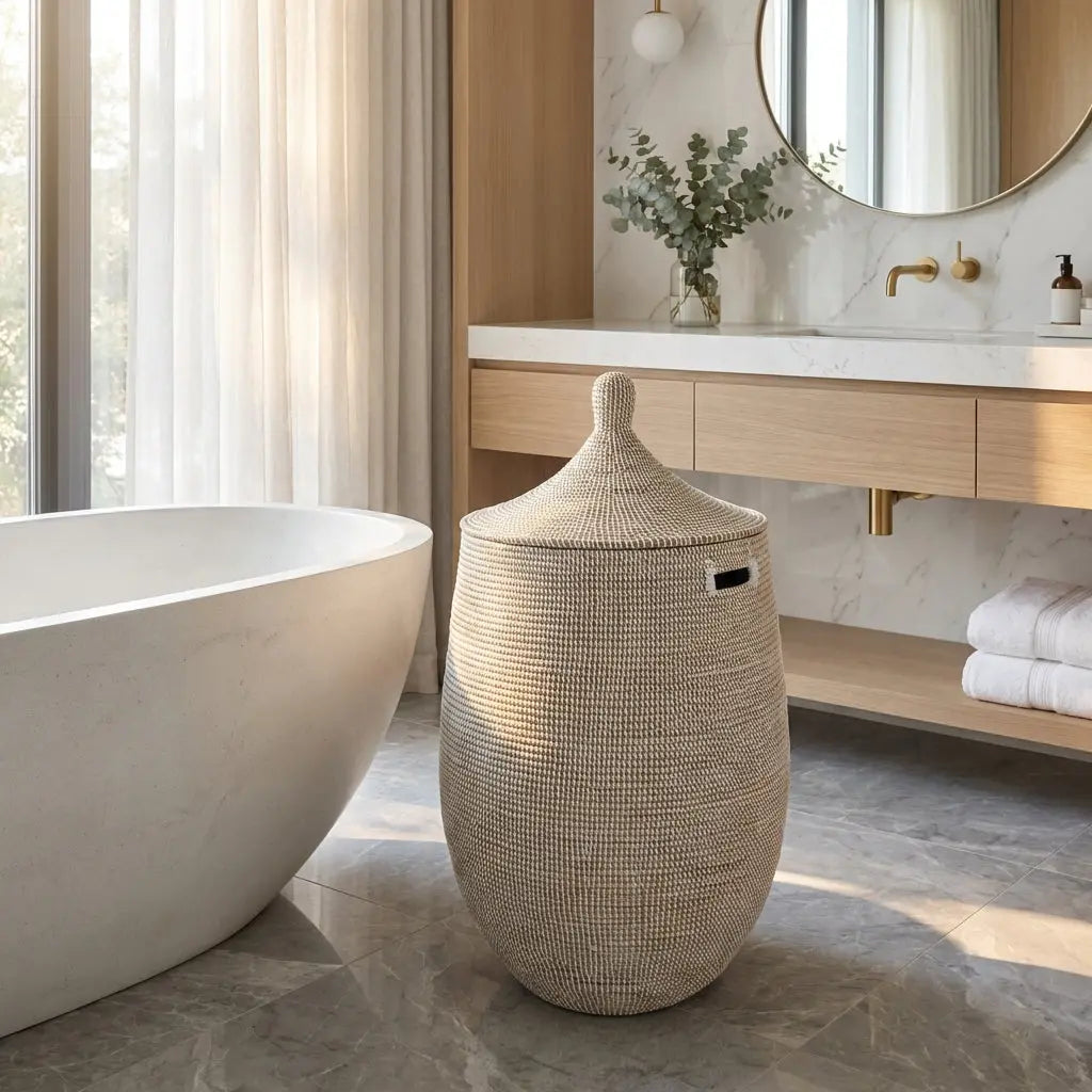 Image d'un grand panier à linge blanc en fibres naturelles dans une salle de bain moderne